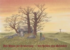 Postkarte Den Ahnen zur Erinnerung - den Helden zum Gedenken - Großsteingrab vor Sonnenuntergang